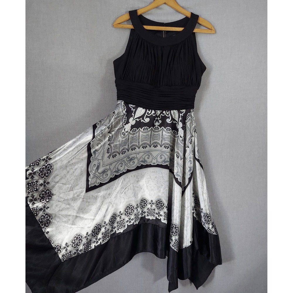 Signature by Sangria Handkerchief‎ Hem Dress 14 Black Sleeveless Pleated Empire